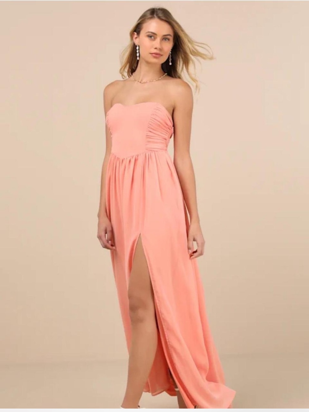Lulus Luxe Favorite Peach Pink Strapless Ruched Maxi Dress - Picture 3 of 4